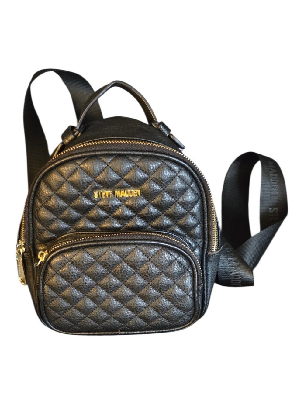 Steve Madden Quilted Black Faux Leather Mini Backpack With Goldtone Zipper EUC